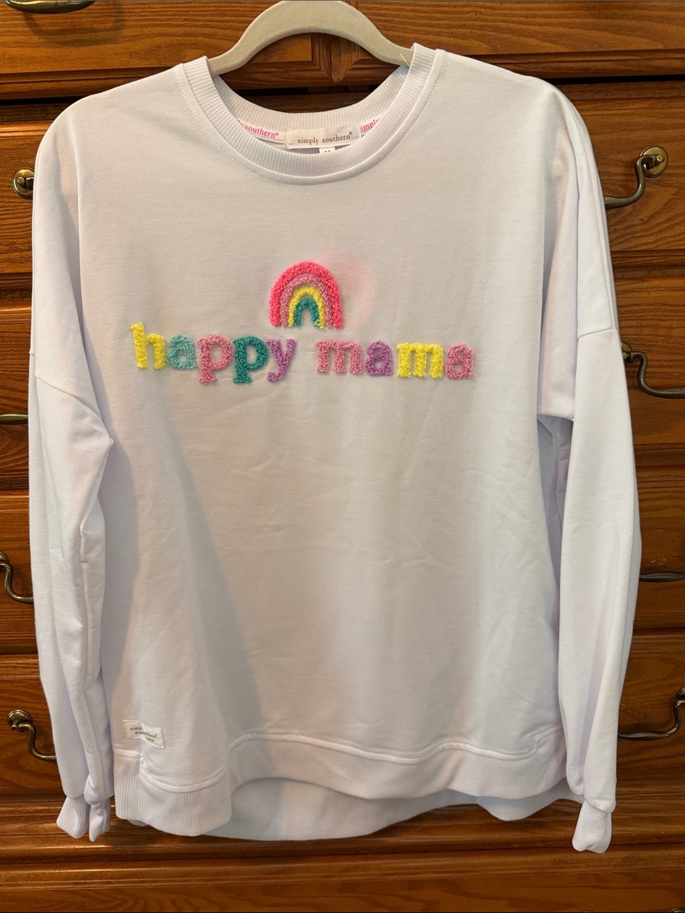 Simply Southern "Happy Mama" Pastel Rainbow Sweatshirt - White NWT's